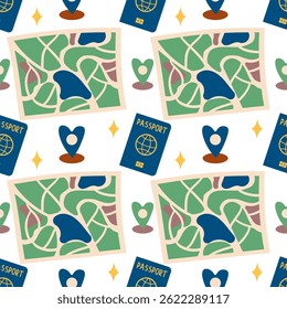 Seamless pattern with touristic stuff like passport plane and map. Endless texture about travel and tourism. Colored flat vector illustration isolated on white background