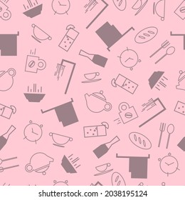 Seamless pattern with towel, cup of coffee, bowl, juice, coffee pot, shower, alarm, bun, fork and spoon in geometric style, in brown and pink colors.