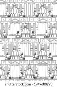 Seamless pattern with town hall or borocco cathedral with columns and dome as anti stress coloring. Outline or linear stock vector illustration with an old temple in Europe for print in coloring