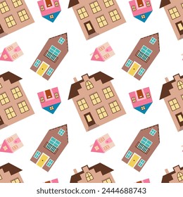 Seamless pattern with town houses on white background