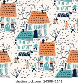 Seamless pattern with  town  houses. Vector illustration
