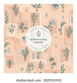 Nahtloses Muster mit der Stadt. Stadthintergrund mit Bögen, Treppen und Landschaftsbild. Das architektonische Konzept für Tourismus, Schönheit, Flyer, Packpapier, gedruckte Materialien und andere. Vektorgrafik