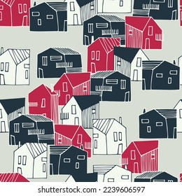 Seamless pattern with townscape in Color of The Year, Viva Magenta. Residential district. Small houses in urban, suburban or countryside landscape for surface design and other design projects