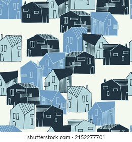 Seamless pattern with townscape in navy-blue color palette. Residential district. Small houses in urban, suburban or countryside landscape for surface design and other design projects