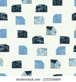 Seamless pattern with townscape in navy-blue color palette. Residential district. Small houses in urban, suburban or countryside landscape for surface design and other design projects