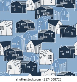 Seamless pattern with townscape in navy-blue color palette. Residential district. Small houses in urban, suburban or countryside landscape for surface design and other design projects