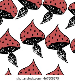 Seamless pattern with toxic amanita mushrooms. Fly-agaric background.