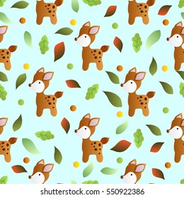 seamless pattern with toy baby deer and green leaves on a turquoise  background 