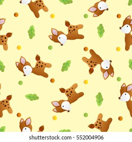seamless pattern with toy baby deer and green leaves on a light yellow background