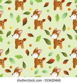 seamless pattern with toy baby deer and green leaves on a light green  background