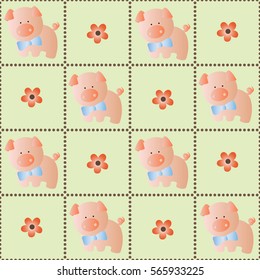 seamless pattern with toy baby pig and green leaves on a light green background