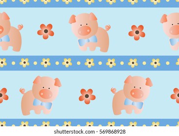 seamless pattern with toy baby pig and green leaves on a light blue background