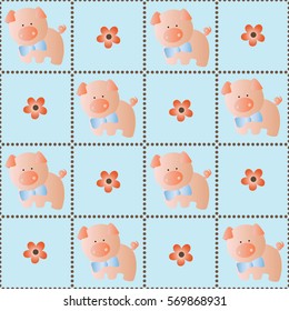 seamless pattern with toy baby pig and green leaves on a light blue background