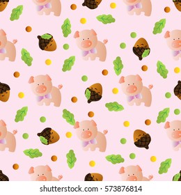 seamless pattern with toy baby pig and green leaves on a light pink background