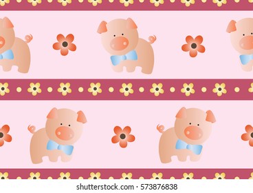 seamless pattern with toy baby pig and green leaves on a light pink background