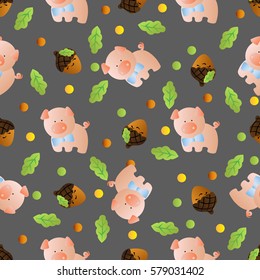 seamless pattern with toy baby pig and green leaves on a dark gray background