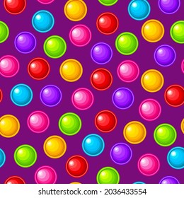 Seamless pattern, toy balls. Colorful sensory anti-stress toy for fidget pop it. Colorful silicone bubbles. A fashionable toy with a simple dimple of rainbow color on a purple background.