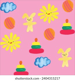 seamless pattern toy bunny pyramid ball sun with a smile cloud isolated on a pink background