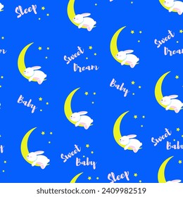 Seamless pattern with toy bunny sleeping on a month with an inscription in English. Plush bunny poster on a children's theme. Crescent moon, toy.