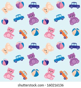 Seamless pattern with toy cars, bears and balls