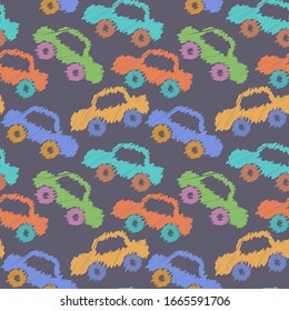 Seamless pattern of toy cars for children on a dark muted background. Hatching. Vector eps10. Variant 1.