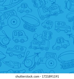 Nahtloses Muster mit einem Spielzeugcartoon Dampfzug, Autos, Flugzeug, Traktor, Hubschrauber, Ambulanz und Aerostat. blauer linearer Stil. Design für Tapeten, Gewebe, Verpackungen