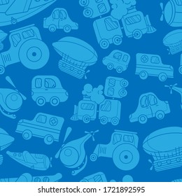 Nahtloses Muster mit einem Spielzeugcartoon Dampfzug, Autos, Traktor, Flugzeug, Hubschrauber, Ambulanz und Aerostat. blaue Silhouetten. Design für Tapeten, Gewebe, Verpackungen