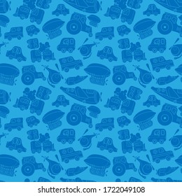 seamless pattern with a toy cartoon steam train, cars, tractor, plane, helicopter, ambulance and aerostat. blue silhouettes. design for wallpaper, fabric, packaging