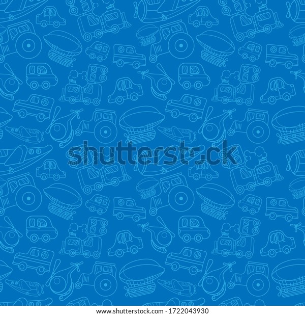 seamless pattern with a toy\
cartoon steam train, cars, plane, tractor, helicopter, ambulance\
and aerostat. blue linear style. design for wallpaper, fabric,\
packaging