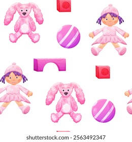 Seamless pattern with toy doll and ball in pink color