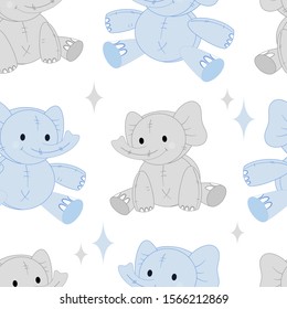 Seamless pattern with toy elephants and stars on a white background. Cartoon style.
