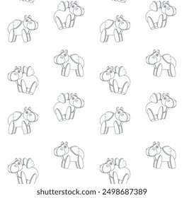 Seamless pattern with toy hippo with wings. Black and white vector background.