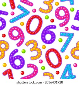 Seamless pattern, toy numbers. Colorful sensory anti-stress toy for fidget pop it. Colorful silicone bubbles. A fashionable toy with a simple dimple of rainbow color on a white background.