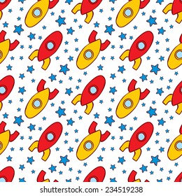 Seamless pattern with toy rocket/ Hand drawn cartoon style.