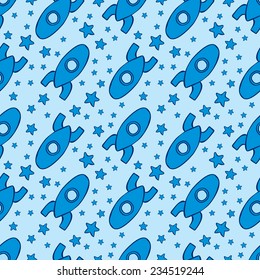 Seamless pattern with toy rocket/ Hand drawn cartoon style.