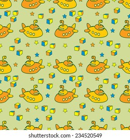 Seamless pattern with toy submarine. Cartoon style.