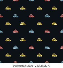 Seamless Pattern with Toy Taxi Cars. Multicolored toy taxi cars. Background with Red, Blue, Yellow Toy Taxi Cars. Vector illustration on black