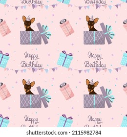 Seamless pattern with the toy terrier dog. Happy Birthday. Cartoon design.
