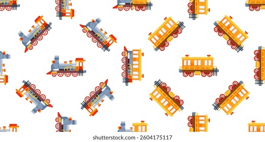 Seamless Pattern with Toy Train and Carriage on White Background