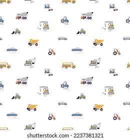 Seamless pattern with toy transports in Scandinavian style. Kids repeating print with cute cars, tractors, trucks, buses. Childish Scandi background for textile, wallpaper. Flat vector illustration