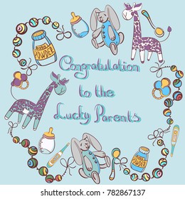 The  seamless pattern of "toys and accessories for a newborn boy or girl on a colored background" and images for design