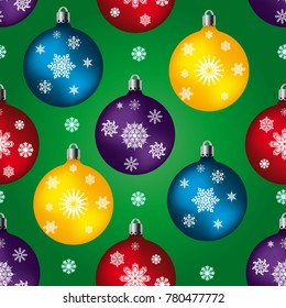 Seamless pattern, toys balls for celebratory fur-tree, on a green background and snowflakes, vector
