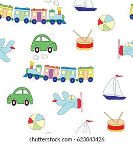 Seamless pattern with toys for the boy. A vector picture with plane, a drum, train, the car, a ball on a white background