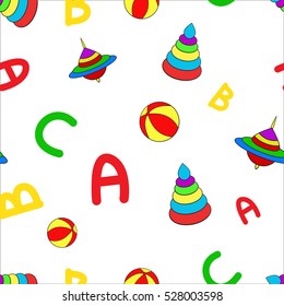Seamless pattern with toys for children and A, B, C letters. Pyramid, whirligig and ball toys