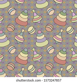 Seamless pattern of toys for children in dark muted tones. Vector eps10.