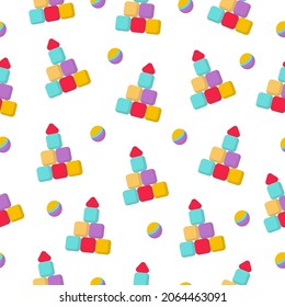 Seamless pattern with toys for children. Illustration, a pyramid of cubes, a toy on a white background.