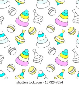 Seamless pattern of toys for children on a white background. Contour lines. Vector eps10.