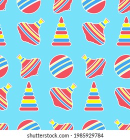Seamless pattern with toys for children on a blue background. A spinning toy, a pyramid, and a ball with yellow, blue, and white stripes. Vector illustration.