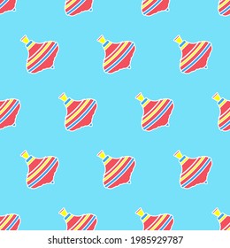 Seamless pattern with toys for children on a blue background. A rotating toy with yellow, blue and white stripes. Vector illustration.