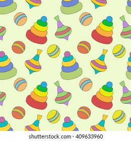 Seamless pattern with toys for children on a light green background. Vector eps10.